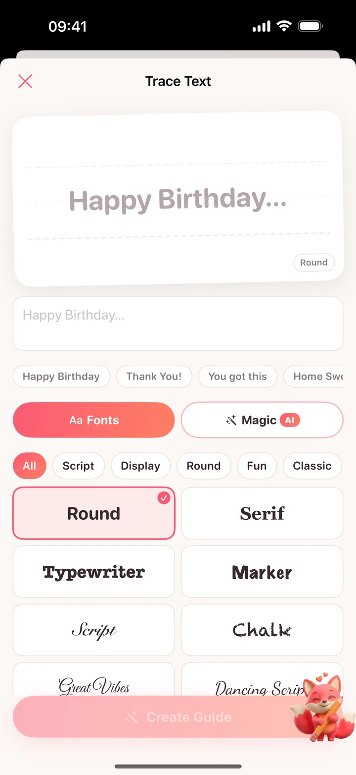 Trace Text: “Happy Birthday…” previewed on a card above a row of font choices